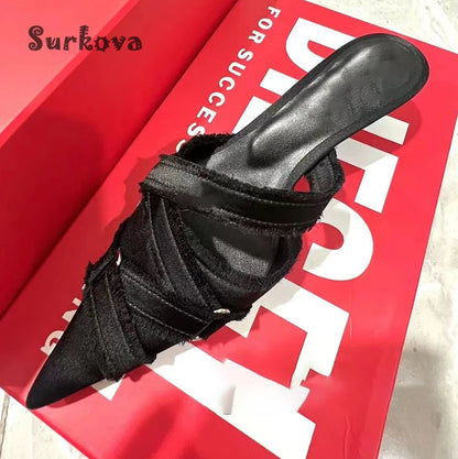 Elegant Design Pointed Toe Mules Shoes Sexy Ladies Black Denim Shoes Mid-Heel Slippers Women's Outer Wear 2023 Summer New Pumps