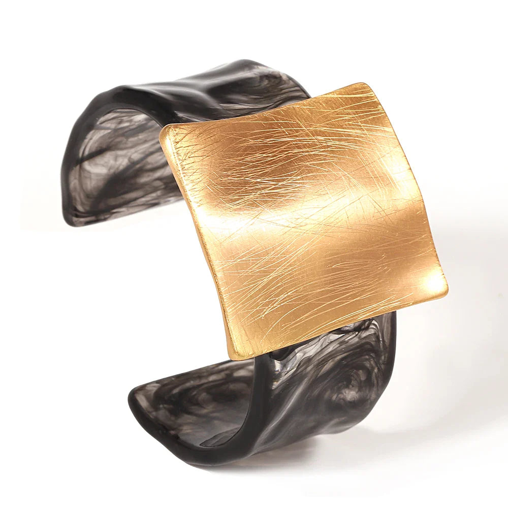 Greatera Metal Brushed Exaggeration Personality Geometric Drawn Square Convex Circular Opening Bracelet Transparent Cuff Bangle