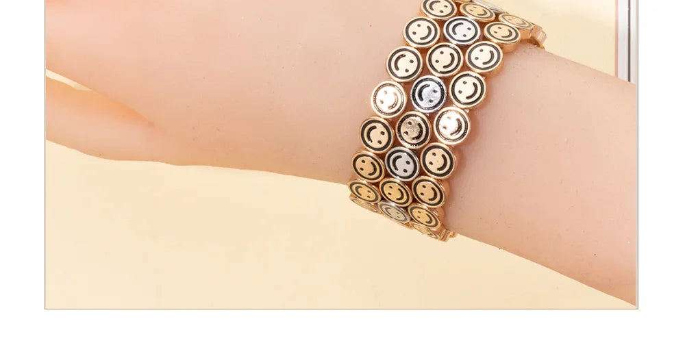 2024 New Happy Bangle Paved Diamond Enamel Beaded Bracelets For Women Boho Gold Color Elastic Bracelets