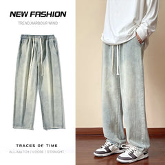 Streetwear Men's Elastic Waist Wide Leg Baggy Jeans Korean Fashion