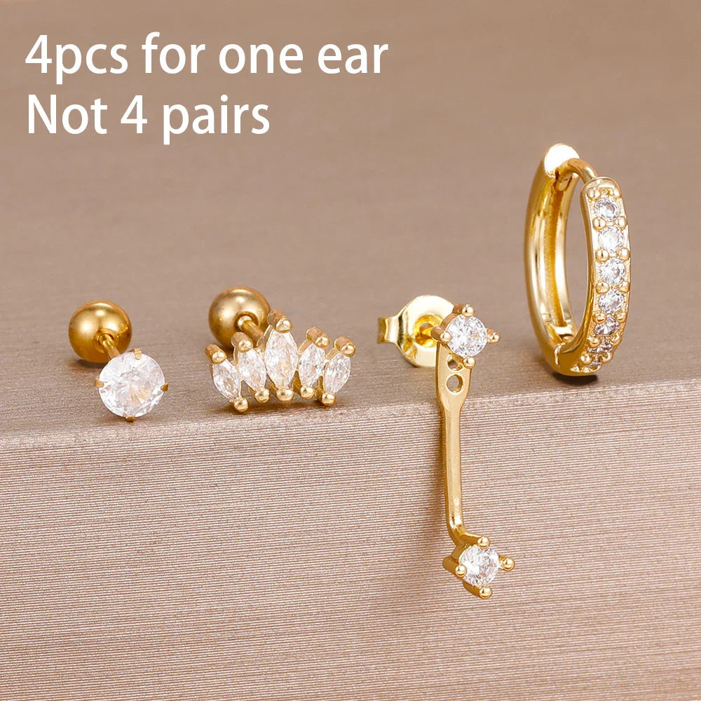 4PCS Stainless Steel Circle Huggie Hoop Earrings Set for Women Gold Color Unique Zircon Flower Stud Earring Piercing Jewelry
