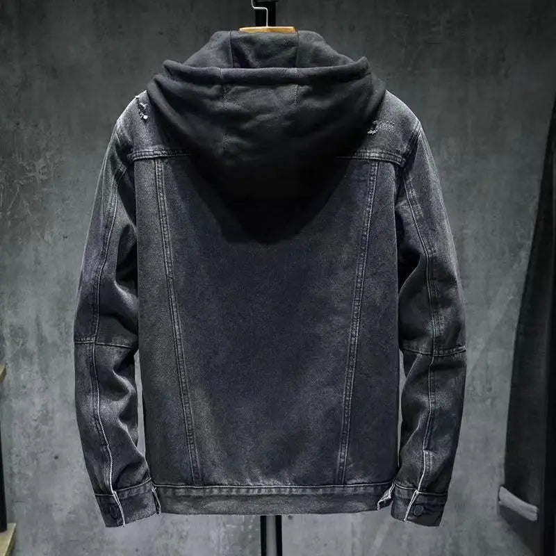 Plush Denim Hooded Jackets Fashion Winter Casual Removable Thicken Hole Loosed Jeans