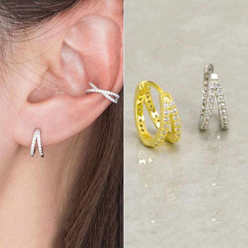 WANTME 925 Sterling Silver Fashion Luxury Shiny Double Layer Zircon Huggies Hoop Earrings for Women Plated 18k Gold Fine Jewelry