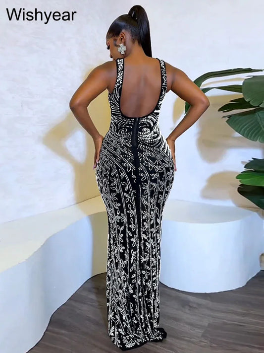 Formal attire Dresses: Rhinestone Mesh Crystal Beaded Slit Backless Bodycon Maxi