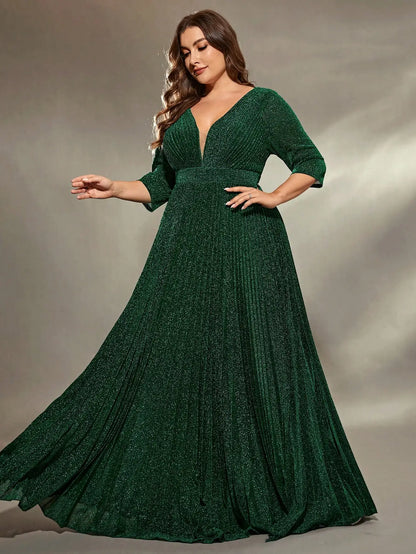Mgiacy plus size V-neck pleated sequin maxi gown Evening gown Ball dress Party dress Bridesmaid dress