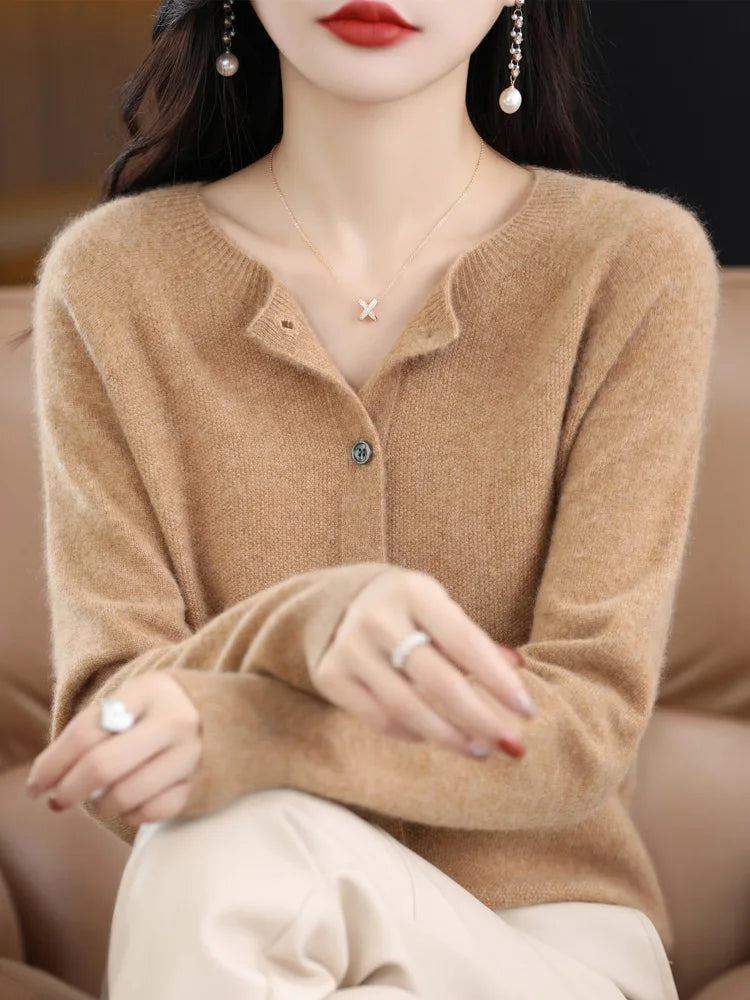 Long Sleeve 100% Merino Wool Sweaters Cashmere Cardigan Spring Autumn Women
