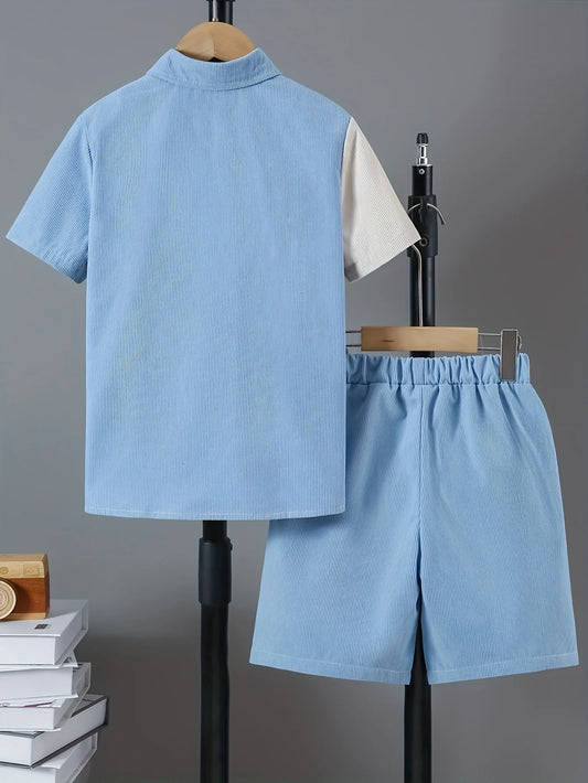 2025 New Summer Two-Piece Set for Boys, Simple Corduroy Color-Blocked Contrasting Shirt, Short-Sleeved Top + Color-Blocked Shorts Set