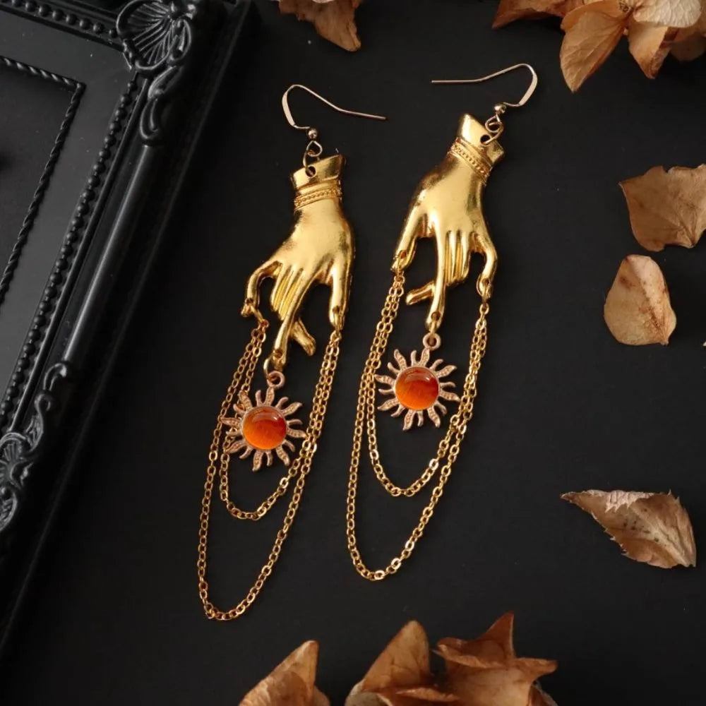 Gothic Hip Hop Gold Color Hands Sun Micro-inlay Gemstone Metal Chain Tassels Dangle Earrings for Women Halloween Party Jewelry