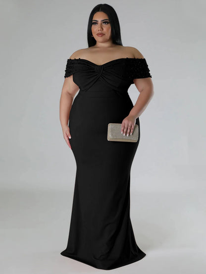 Elegant Women Long Evening Party Dress Sexy Beading Off Shoulder Pakage Hip Robes Formal Wedding Guest Celebrate Plus Size 5XL