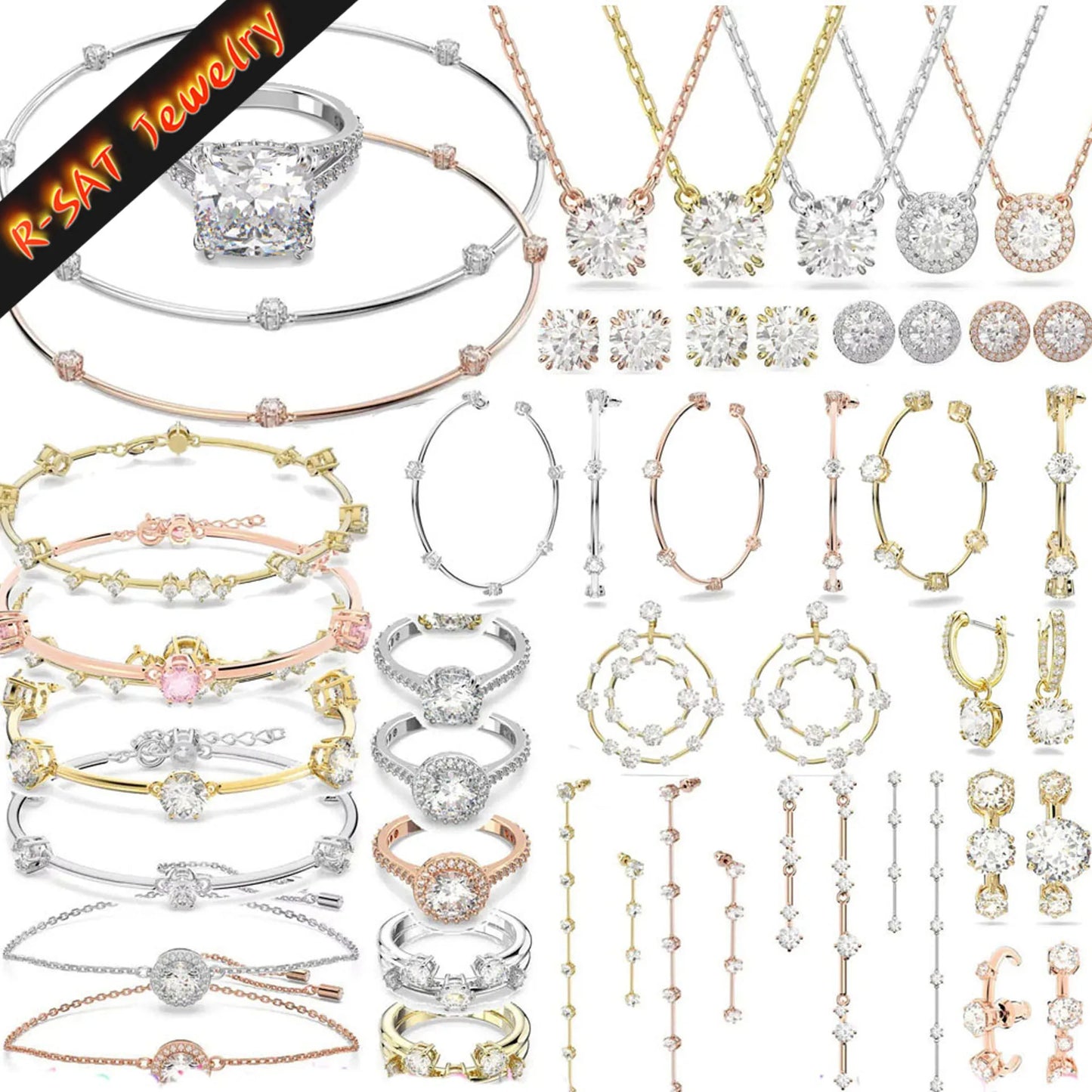 High Quality Charms Gift Fine Jewelry Sets Original Luxury Shiny Gold Silver Crystal Necklace Bracelet Large Hoop Earrings Women