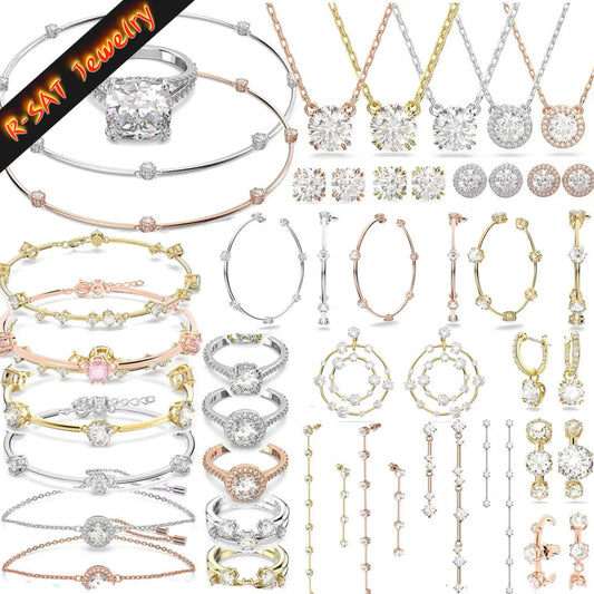 High Quality Charms Gift Fine Jewelry Sets Original Luxury Shiny Gold Silver Crystal Necklace Bracelet Large Hoop Earrings Women