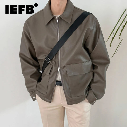 Lapel Men PU Leather Jacket Korean Style Biker Clothing