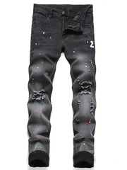 Men Black Skinny Denim Spot Jeans Male Ripped Stretch Fit Jeans Men Slim Trousers