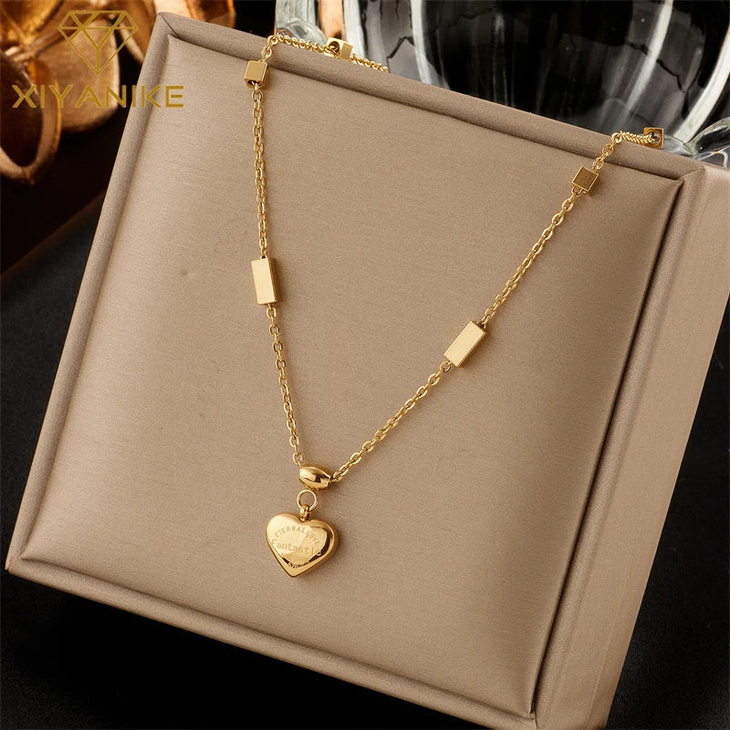 DIEYURO 316L Stainless Steel Simple Heart Love Circular Tassel Necklace Lady Trend Fashion Clavicle Chain Jewelry Glamorous Gift