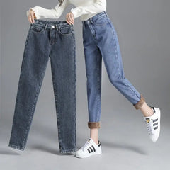 Winter Warm Fleece Jeans Women's High Waist Thick Harlan Straight Denim Pants