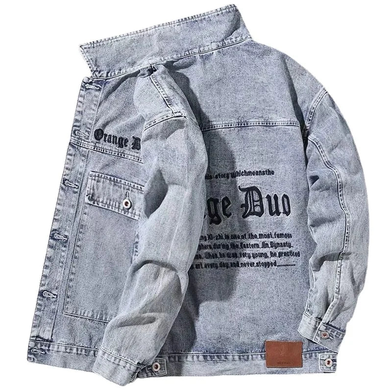 Men's Denim Jacket Wide Shoulders Male Jean Coats with Embroidery Blue Letter  Casual