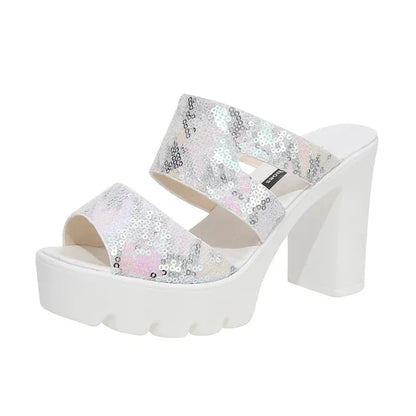 Plus Size 32-40 Block Size Platform Slippers Women Shoes 2022 Summer High Heels Slides Ladies Star Bling Slippers Wedding Shoes