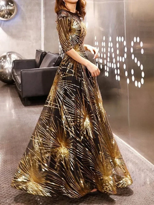 Homecoming Dresses: O-neck Slim Waist Half Sleeve Sequined Evening Dresses