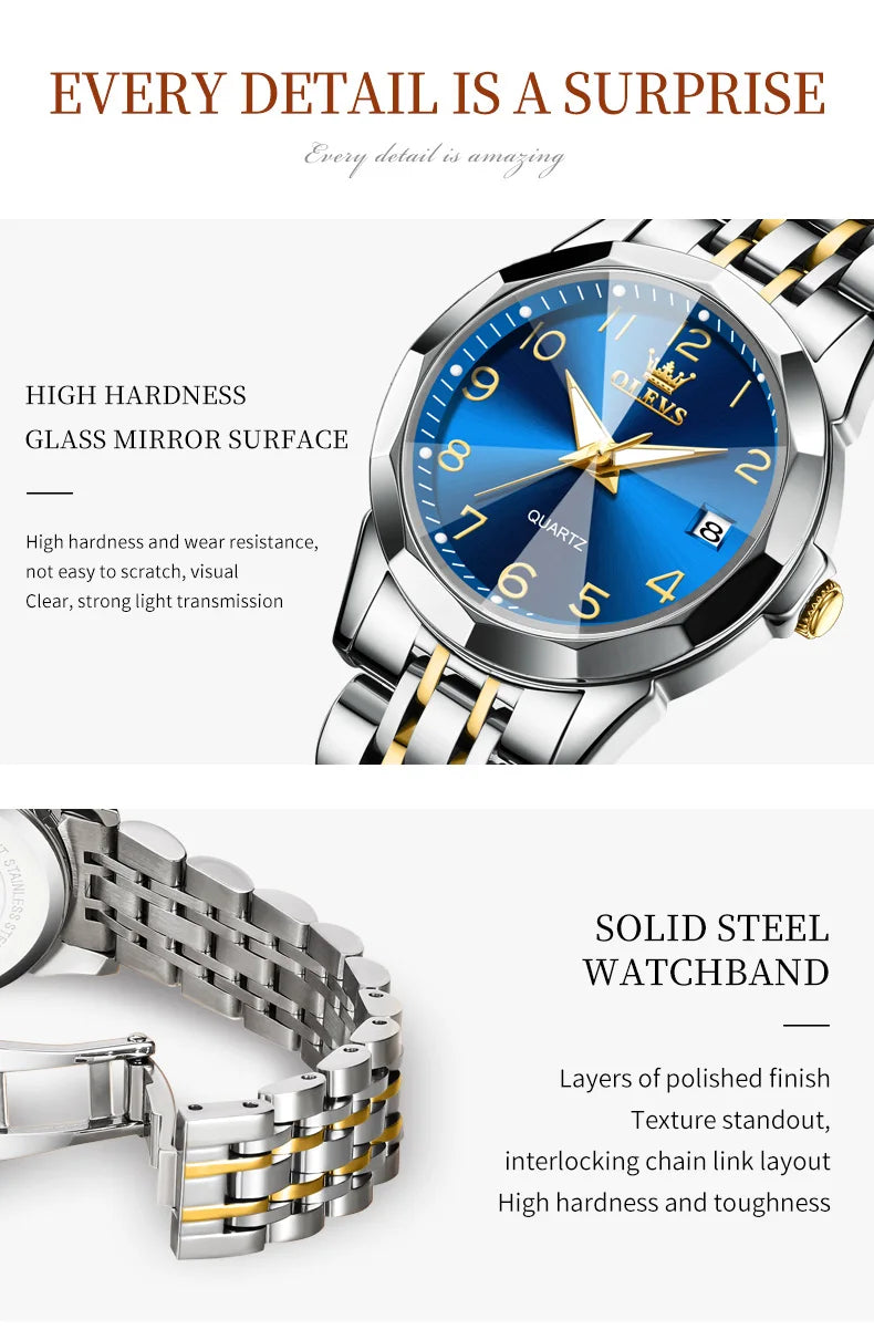 OLEVS 9970 Original Luxury Quartz Watch for Women Rhombus Mirror Digital Dial Calendar Stainless Steel Waterproof Wrist Watches