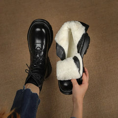 2021 Winter Women Boots Flat Shoes Women Round Toe Leather Boots Solid Black Snow Boots Warm Fur Boots Platform Boots for Women