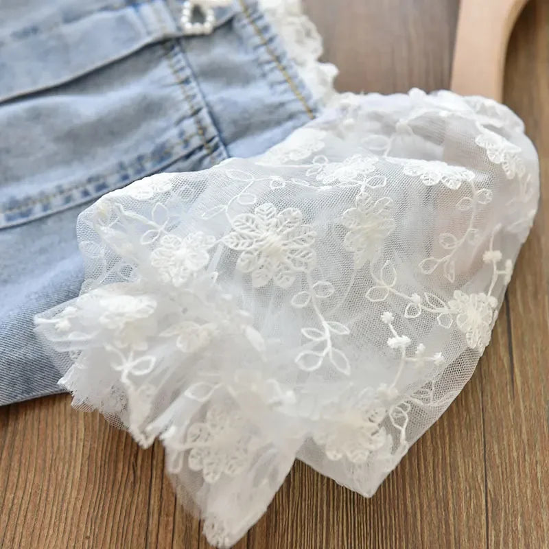 Children Girls Beads Lace Sleeve Denim  Dress Toddler  Fashion