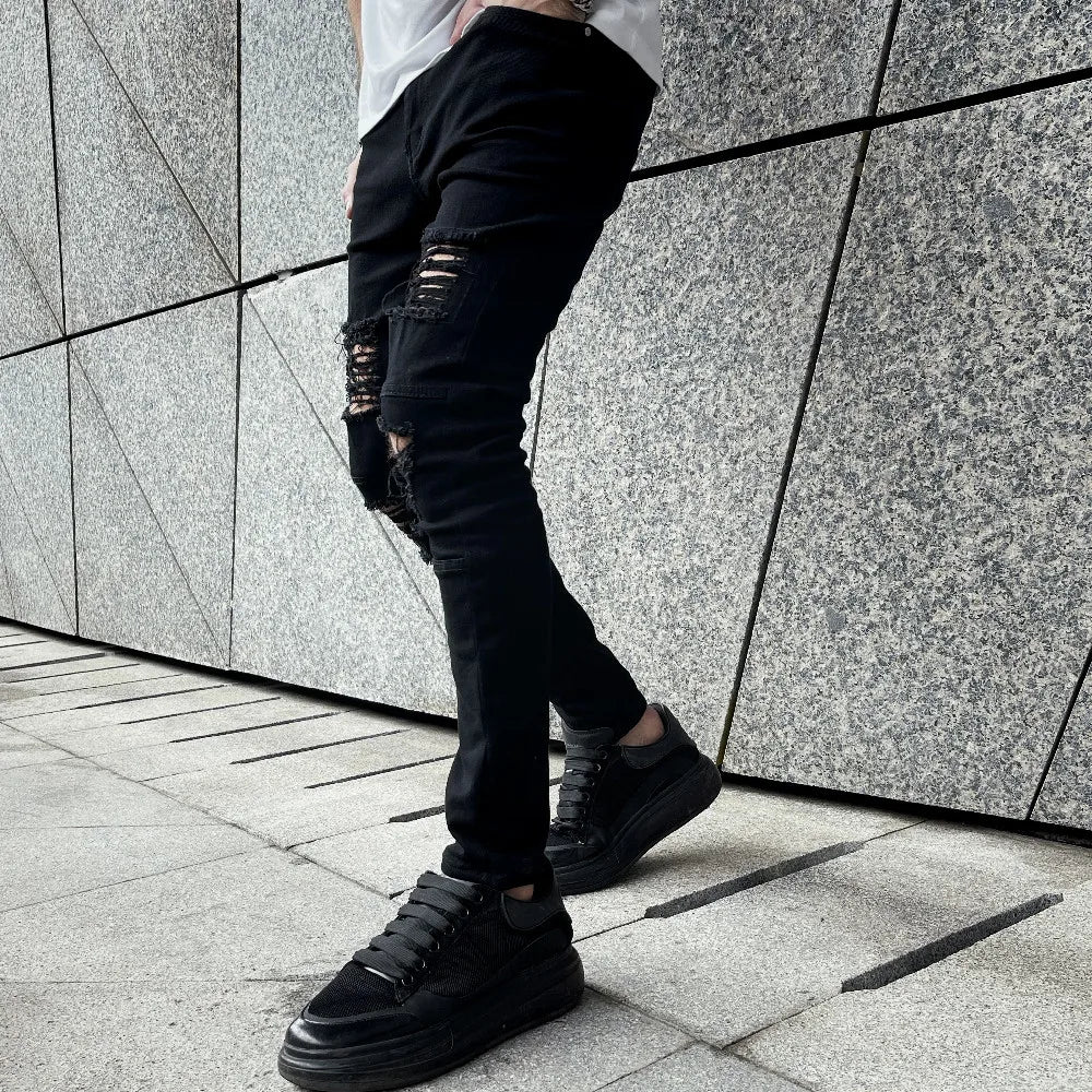 Men High street Hip hop Style Ripped Skinny Pencil Jeans Men Stylish Slim