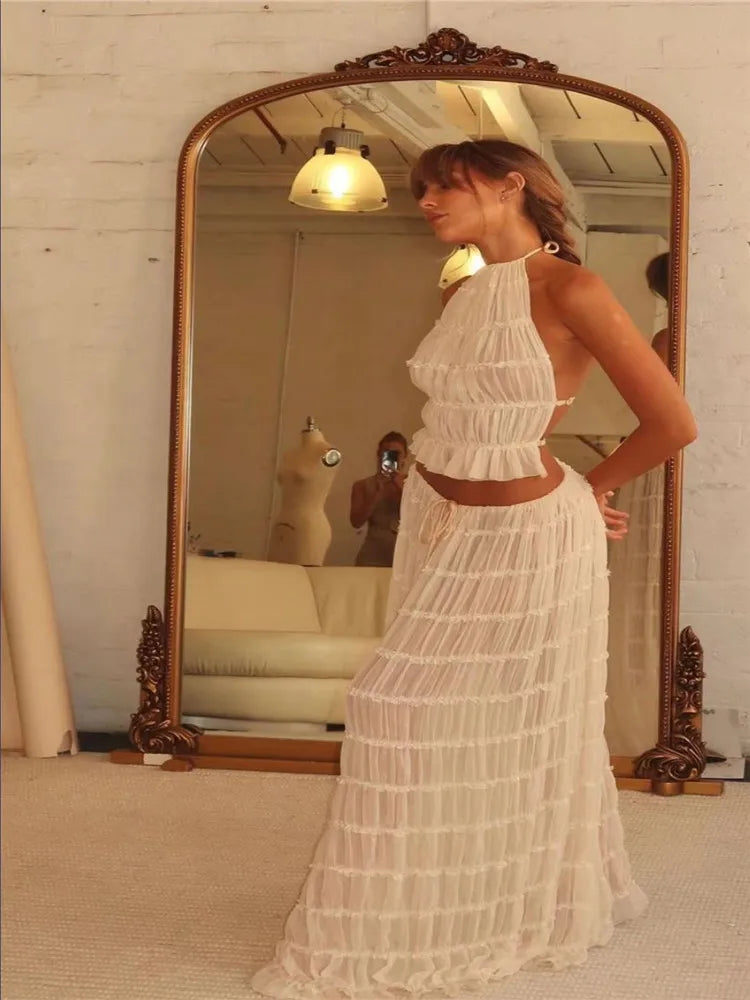 Holiday Beige White Two Pieces Suits Backless Halter Short Tank Vest