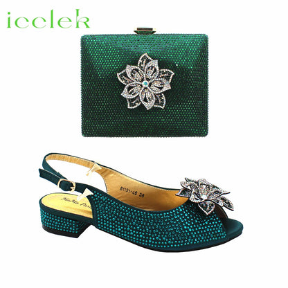 Lastest Italian Design Fashion Style Ladies Shoes with Matching Bag Set 2023 Nigerian Low Heels Sandals in Dark Green for Party