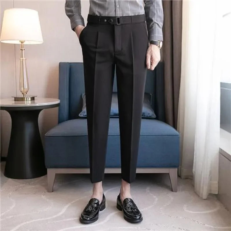 Men's Pants Slim Fit 9 Cropped Business Straight Elastic Social Tailoring Male Suit Trousers