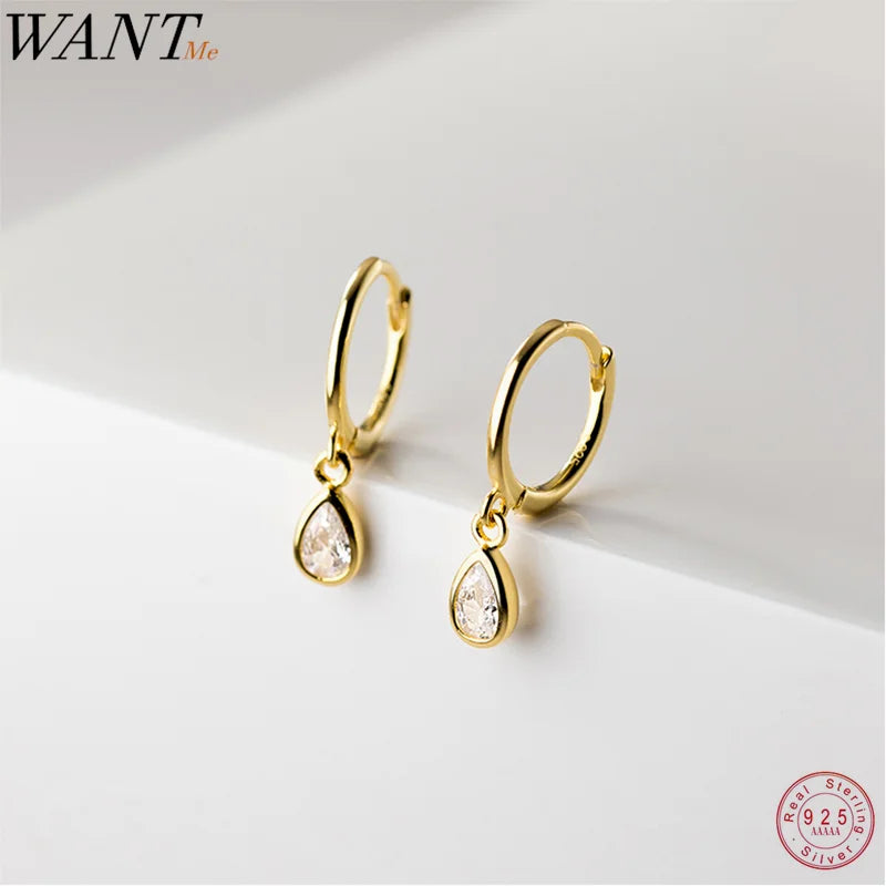 WANTME 925 Sterling Silver Sweet Water Drop Zircon Huggies Pendant Earrings for Women Fashion Wedding Party Hoop Charm Jewelry