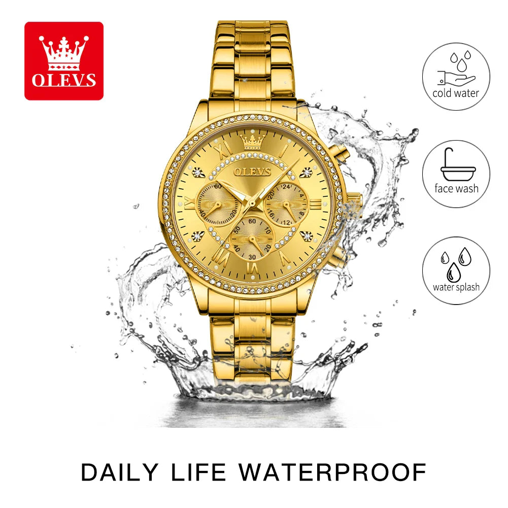 OLEVS Women's Watches Top Brand Luxury Original Quartz Watch for Ladies Chronograph Waterproof Luminous Rhinestone Dial 24 Hour