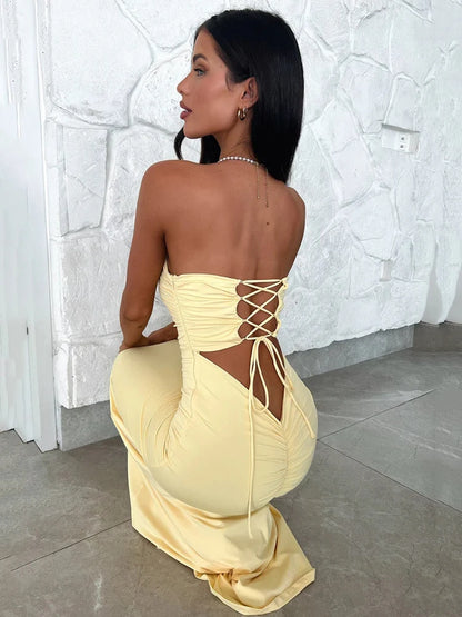 Mozision Strapless Backless Lace-up Maxi Dress For Women Summer New Off-shoulder Sleeveless Bodycon Club Party Long Dress