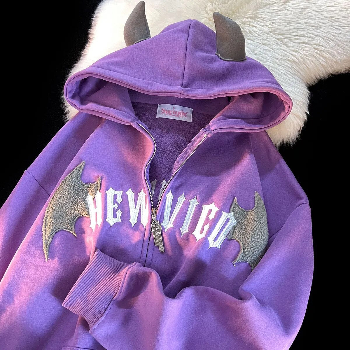 Devil Embroidered Hoodie Women Casual Retro Loose Long Sleeve Hooded Coats