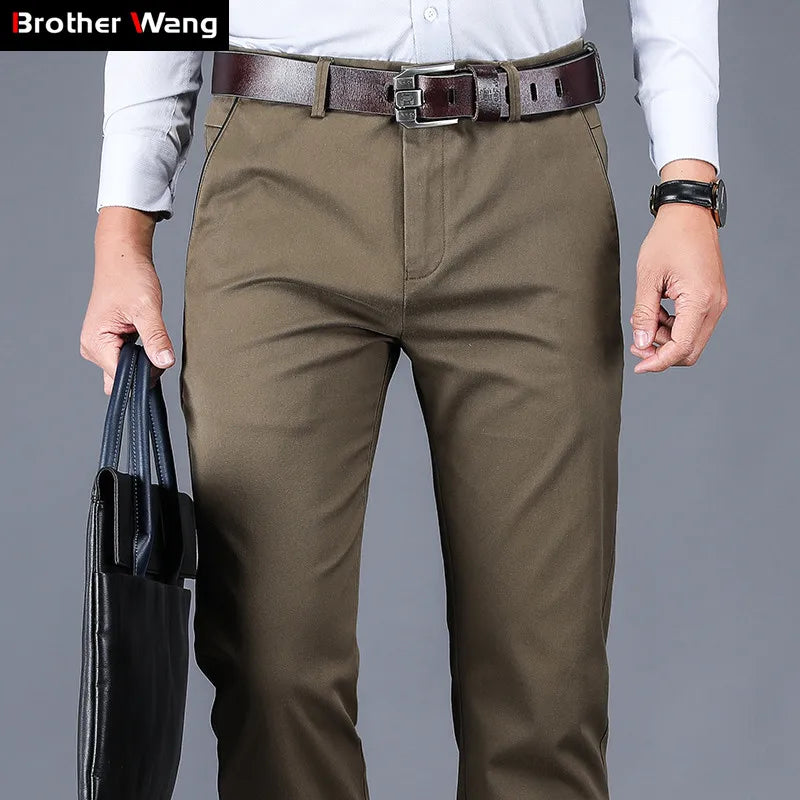 Cotton Casual Pants Men Classic Style Straight Loose High Waist Elastic Trousers