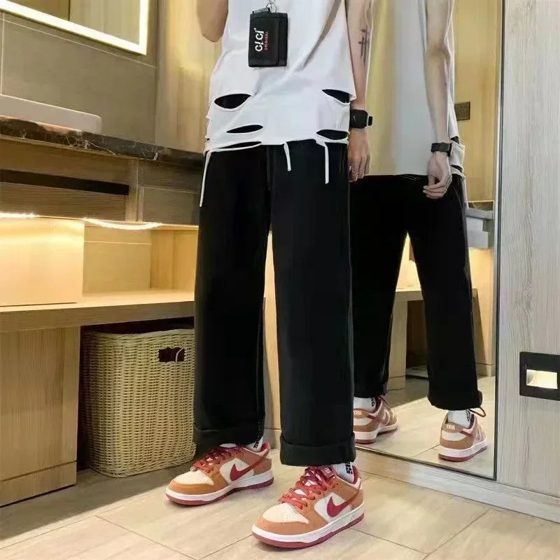 Jeans retro personalized straight-leg splicing flared pants trendy denim trousers