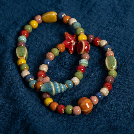 Handmade Colorful Starfish & Seashell Ceramic Beaded Bracelet Boho Beach Jewelry Elastic Wristband for Women & Teens S001186