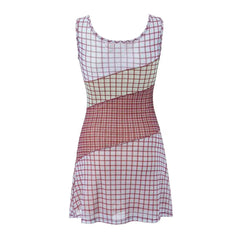 Ruched U Collar Contrast Color Plaid Print Mini Mesh Sling Dress Women