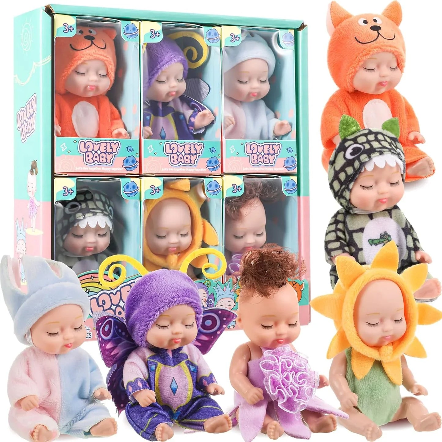 6/8Pcs Set Sleeping Mini Baby Dolls Reborn Lifelike Toys Cute Adorable Dolls With Butterfly Crocodile Sunflower Comfort Toy Gift
