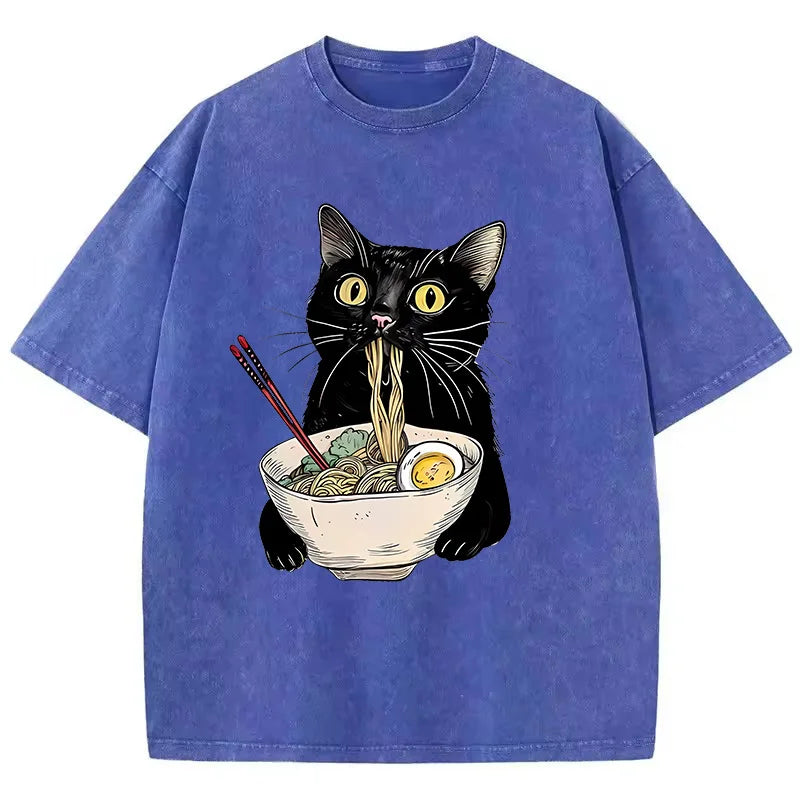 Unisex Hip Hop T Shirt Vintage Washed 100% Cotton T-Shirt Black Retro Cat Eating Ramen Graphic Tee Casual Streetwear