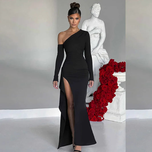 Slant Shoulder Long Sleeved Dress off Shoulder High Slit Evening Dress Elegant