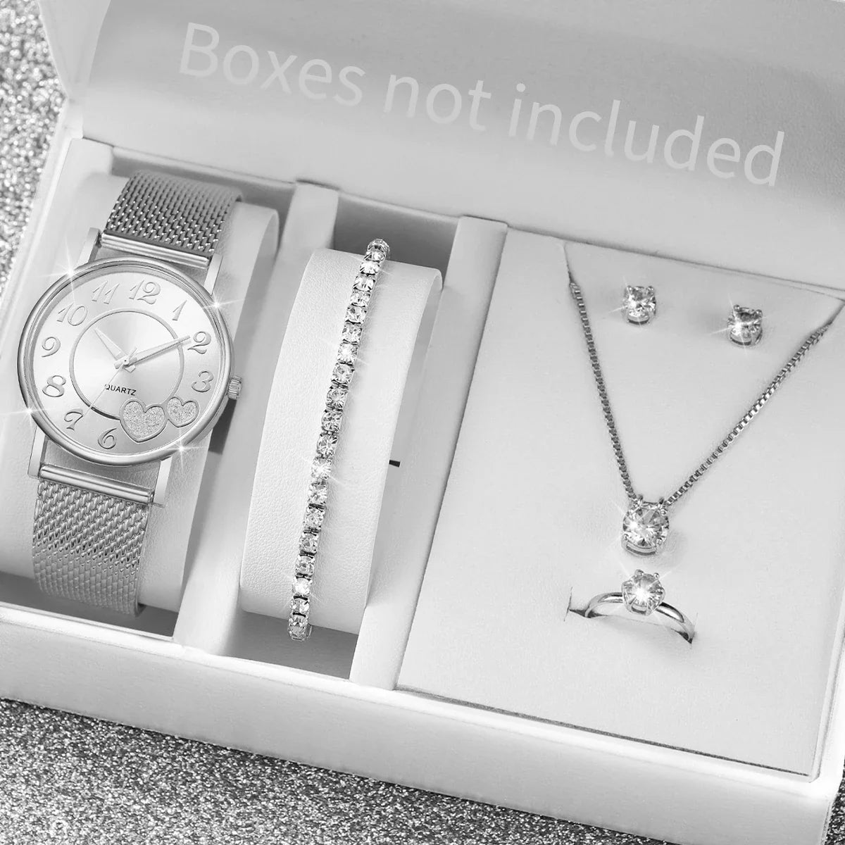 6PCS/Set Fashion Heart Dial Women Watches Plastic Band Quartz Watch Rhinestone Heart Jewelry Set（Without Box）