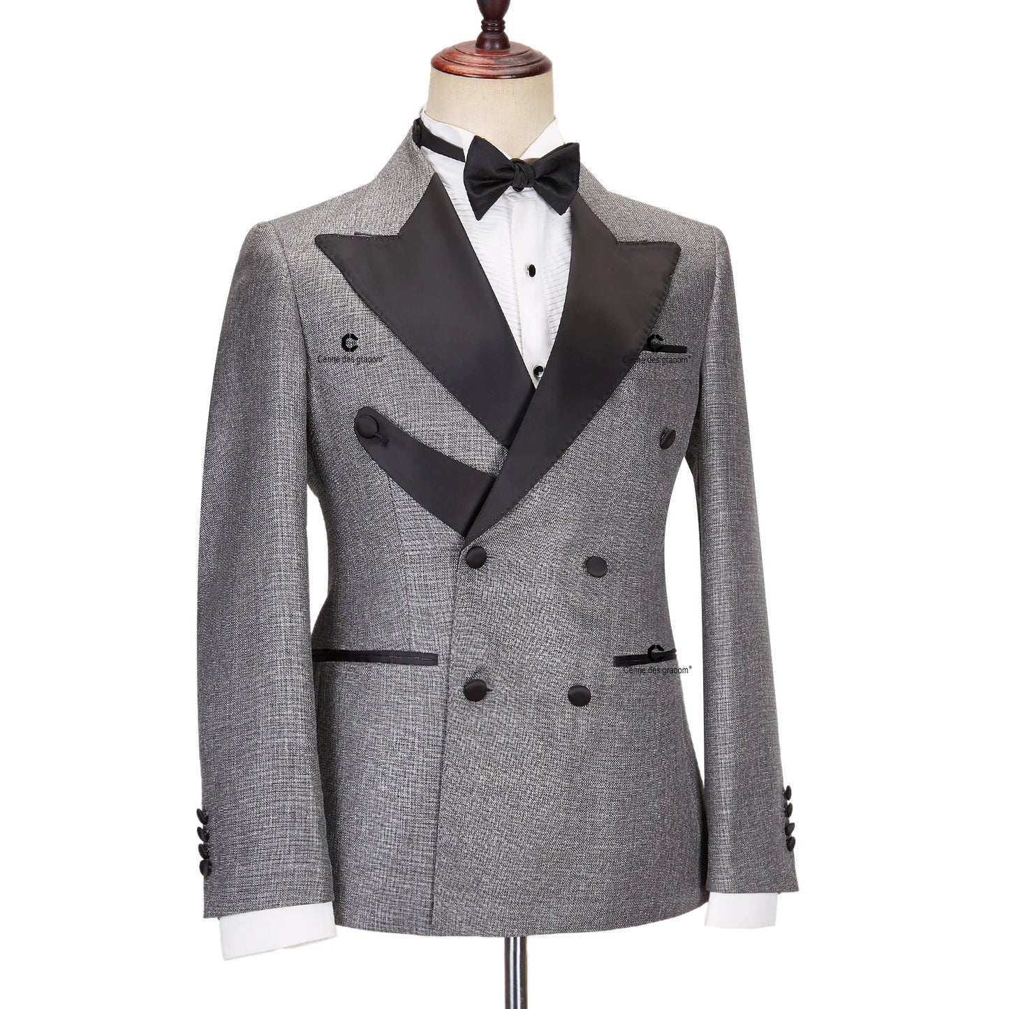 Tuxedo for Mens: Elegant Grey Tuxedo Suits for Men Double Breasted Black Satin