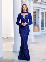 Blue Sequin Elegant Evening Party Dress O Neck Long Sleeves Wedding Party Gown