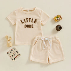 Toddler Baby Boy Summer Clothes Fuzzy Letter Waffle Short Sleeve T-Shirts Tops Elastic Waist Shorts Set Outfit