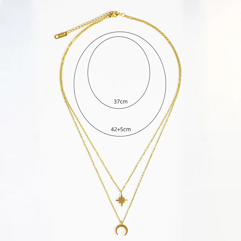 Moon Star Layered Necklace for Women Girl Sweater Pendant Necklaces Gold Plated