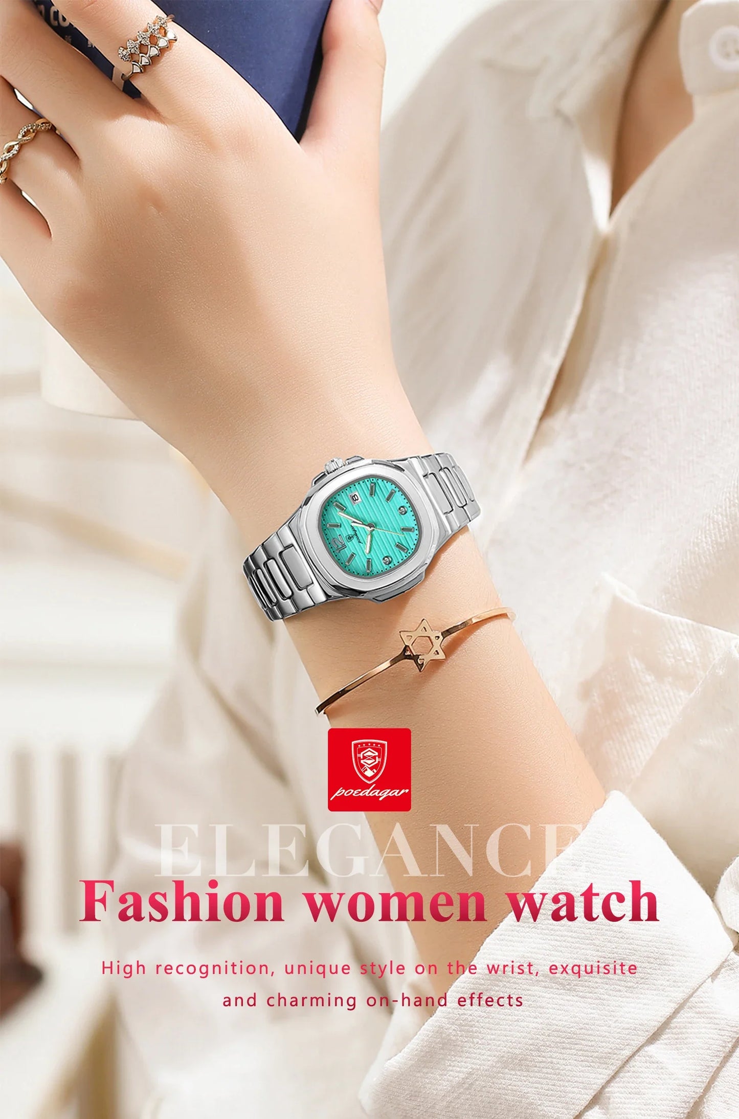 POEDAGAR Square Luxury Ladies Wristwatch Luminous Waterproof Stainless Steel Date Watch For Woman Fashion Quartz Women's Watches
