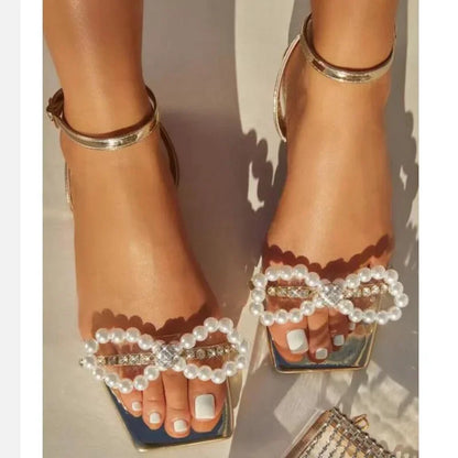 2024 Summer Women's Sandals with Bow Pearl Flat Heels Elegant Rhinestone Party Ladies Shoes Plus Size 42 Sandalias Mujer