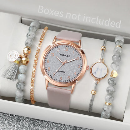 5PCS/Set Fashion Arabic Dial Women Quartz Watch Casual Leather Band Wrist Watches Bracelets  Set（Without Box）
