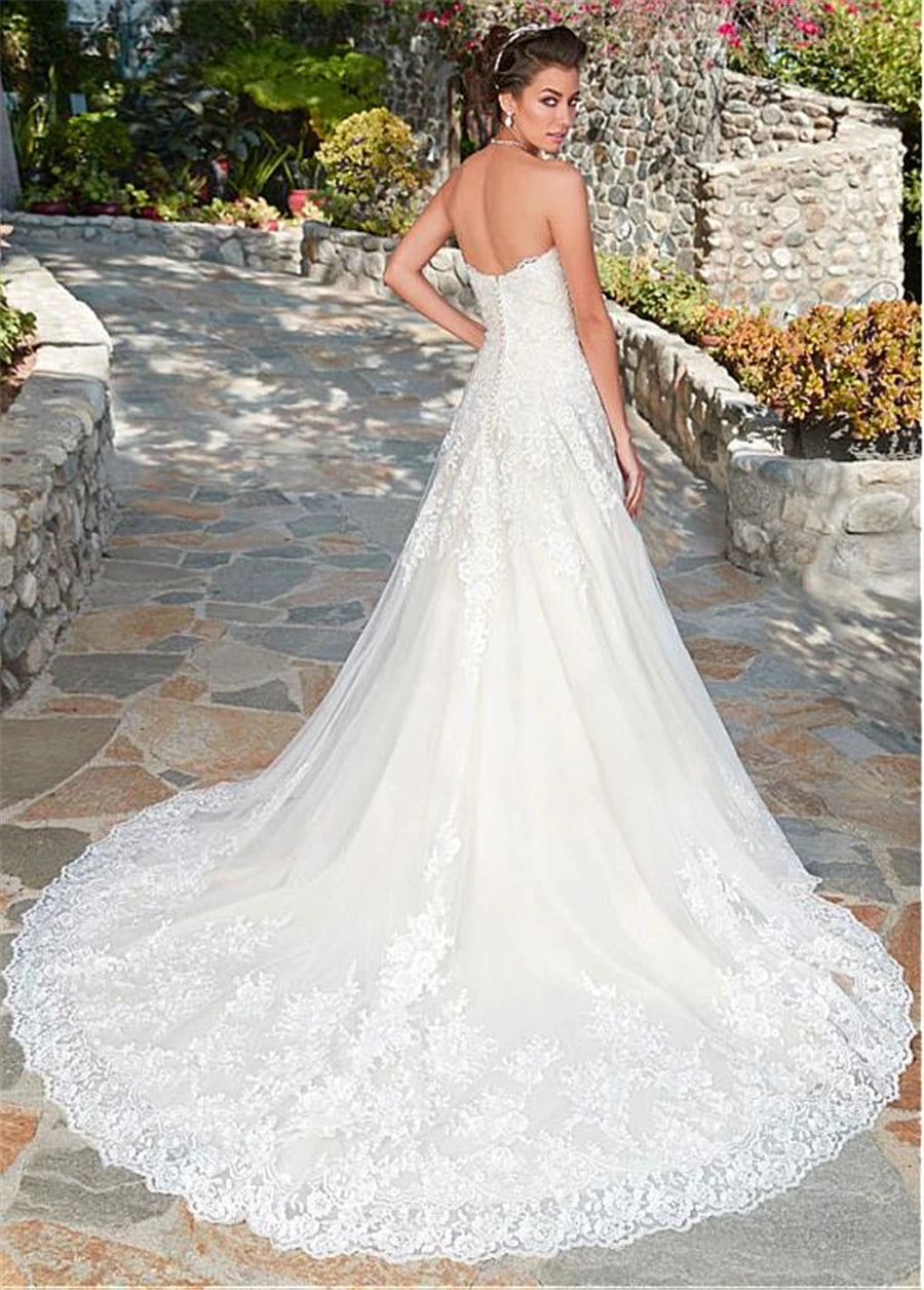 White Bridesmaid Dresses: White Sweetheart Neck Tulle Lace Applique A-line