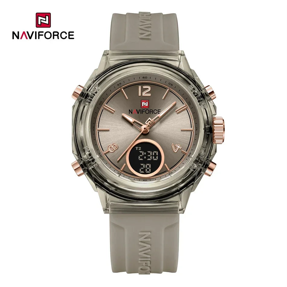 NAVIFORCE Luxury Women's Watch Gold Outdoor Sports Waterproof Watches Dual Time Display Quartz Wristwatches Rubber Digital Clock